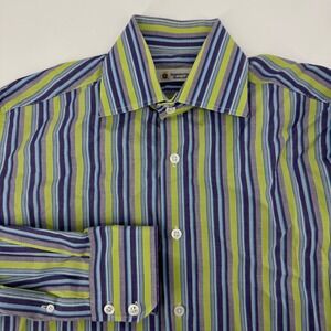 Domenico Vacca Mens Striped Dress Shirt Blue Green Purple Cucita a Mano Italy